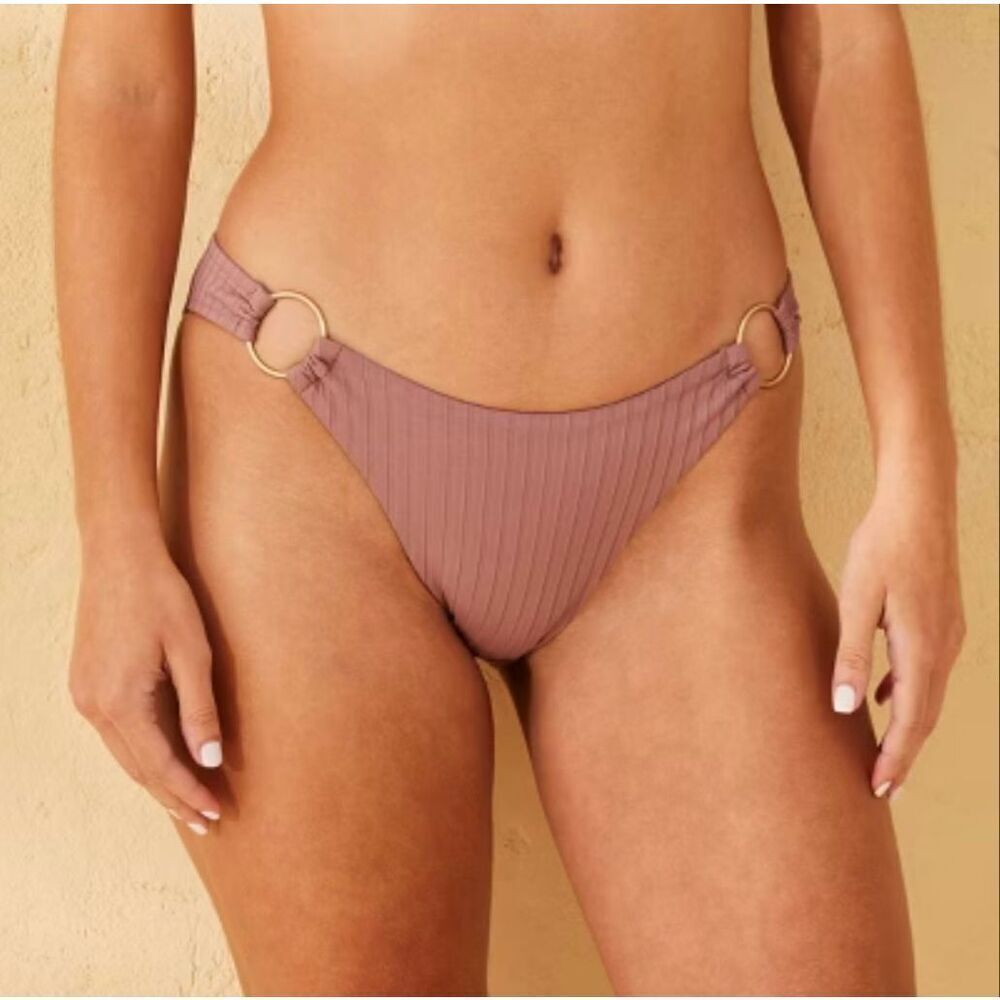 🌸 Shade and Shore Brown Ribbed Gold Ring Bikini Bottom Size Large New